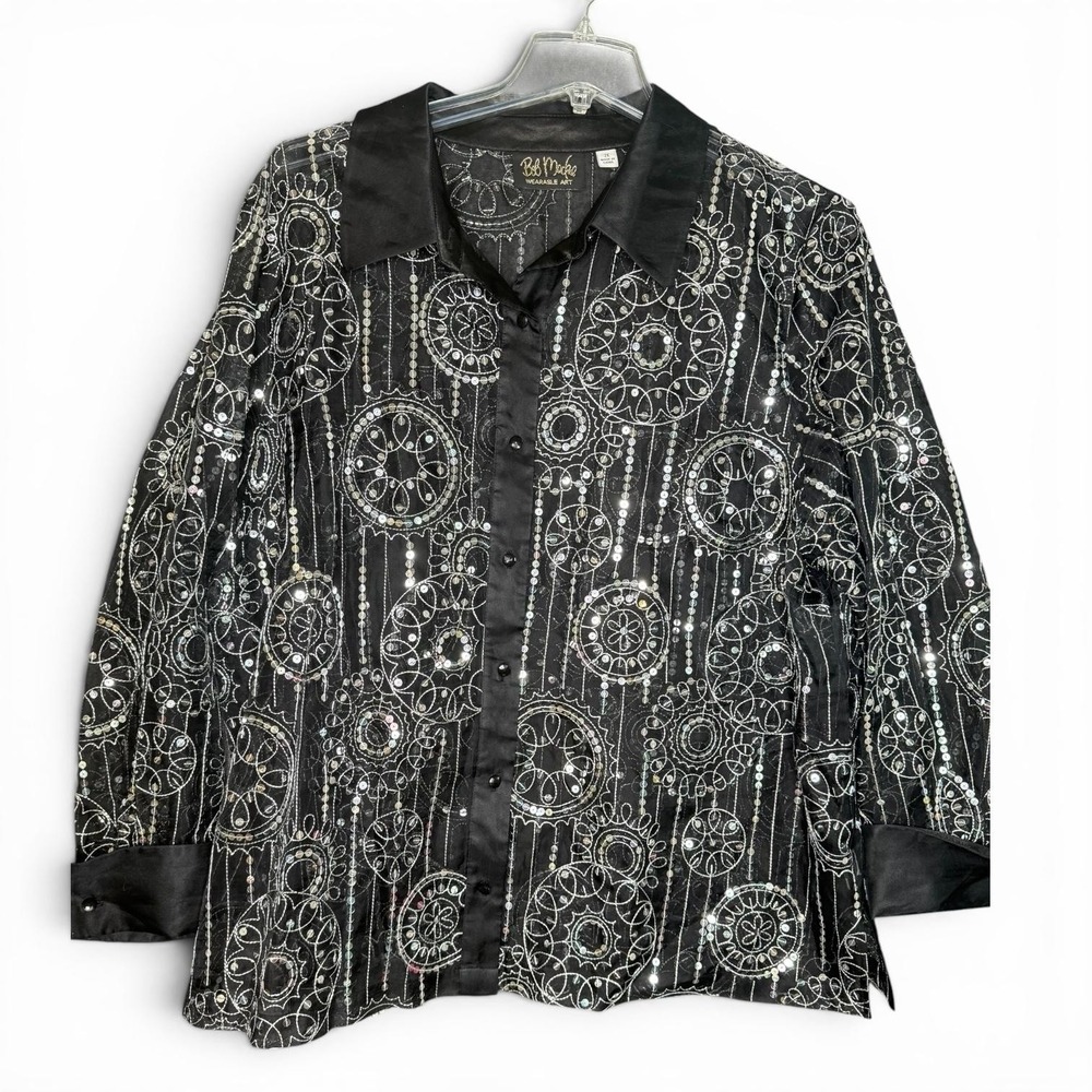 Bob Mackie Blouse Womens 2X Black Sequin Embroidered Button Front Wearable Art